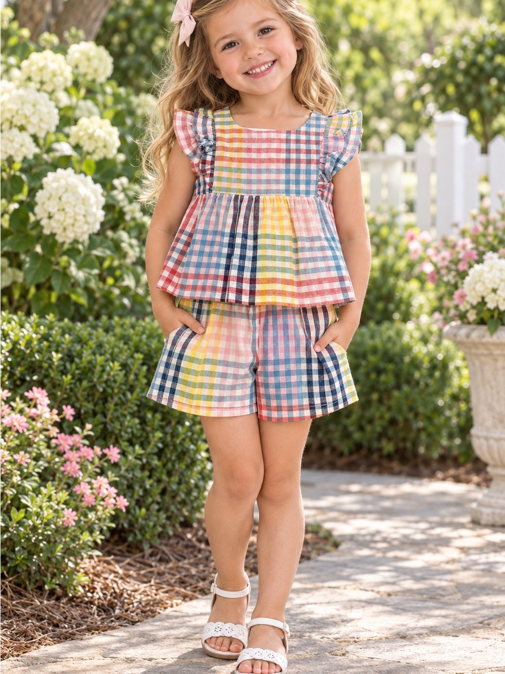 Tea Collection Multicolor Plaid Shorts Set in Pink, Yellow, Blue